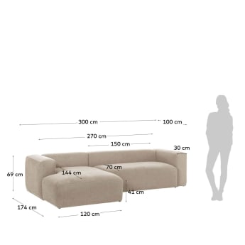 Sofá Blok 3 lugares chaise longue esquerda bege 300 cm - tamanhos