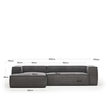 3θ καναπές Blok με ανάκλινδρο αριστερά, χοντρό κοτλέ, γκρι, 300εκ - μεγέθη