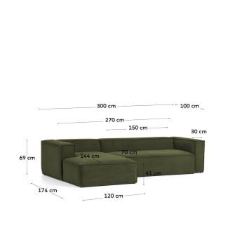 Blok 3 seater sofa with left side chaise longue in green wide-seam corduroy, 300 cm - sizes
