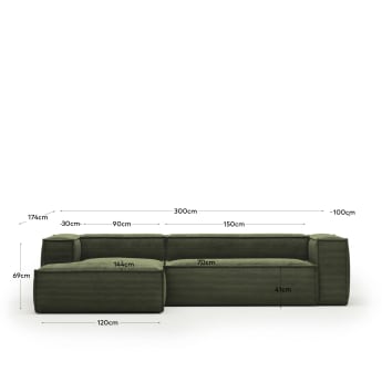 3θ καναπές Blok με ανάκλινδρο αριστερά, χοντρό κοτλέ, πράσινο, 300εκ - μεγέθη