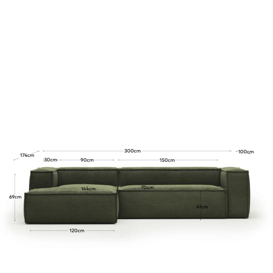 Sofà Blok 3 places chaise longue esquerre pana gruixuda verd 300 cm - mides