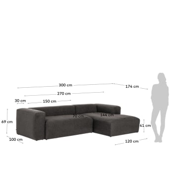 3θ καναπές με ανάκλινδρο δεξιά Blok, 300 εκ, γκρι - μεγέθη