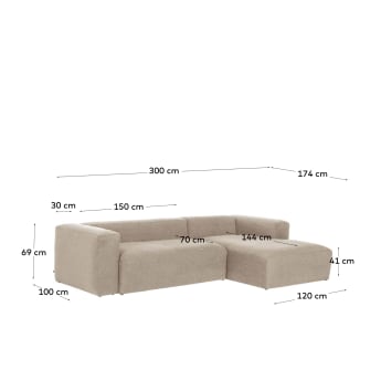 Blok 3 seater sofa with right-hand chaise longue in beige, 300 cm - sizes