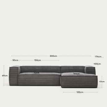 Blok 3θέσιος καναπές με ανάκλινδρο δεξιά σε γκρι κοτλέ με φαρδιά ραφή, 300 εκ - μεγέθη