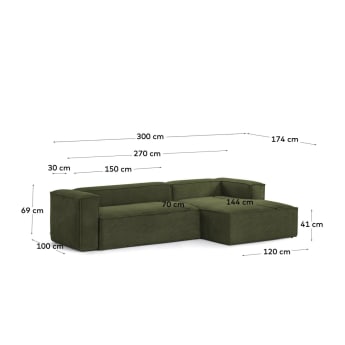 Sofá Blok 3 plazas chaise longue derecho pana gruesa verde 300 cm - tamaños