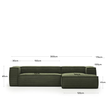 Canapé Blok 3 places méridienne droite velours à grosses côtes vert 300 cm - dimensions