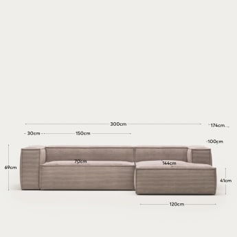 3θ καναπές Blok με ανάκλινδρο δεξιά, χοντρό κοτλέ, ροζ, 300εκ - μεγέθη