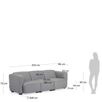 Legara 3 seater sofa in light grey, 222 cm - sizes