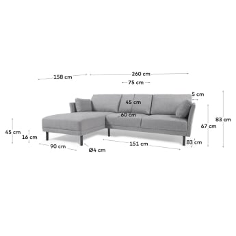 Gilma grey 3-seater sofa with left-hand chaise longue with legs in dark finish 260 cm - sizes