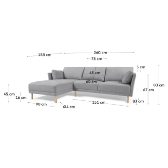 Gilma grey 3-seater sofa with left-hand chaise longue with legs in natural finish 260 cm - sizes