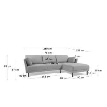 Gilma grey 3-seater sofa with right-hand chaise longue with legs in dark finish 260 cm - sizes