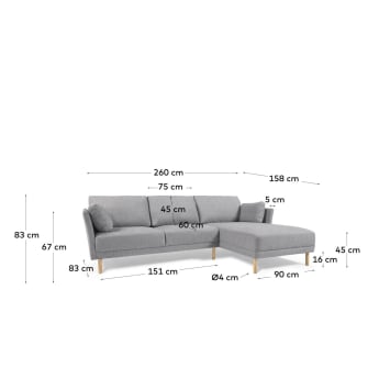 Gilma grey 3-seater sofa with right-hand chaise longue with legs in natural finish 260 cm - sizes