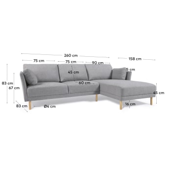 Gilma 3 seater with right/left-hand chaise longue, light grey, natural wood legs, 260 cm - sizes