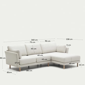 Gilma 3 seater sofa w/ right/left-hand chaise longue in chenille pearl, natural legs, 260 cm - sizes