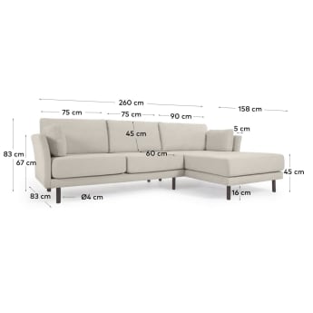 Gilma 3 seater sofa w/ right/left-hand chaise longue, beige with black finish legs, 260 cm - sizes