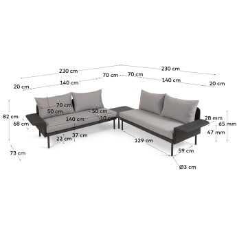 Set exterior Zaltana de sofá rinconero y mesa aluminio acabado pintado negro mate 164 cm - tamaños