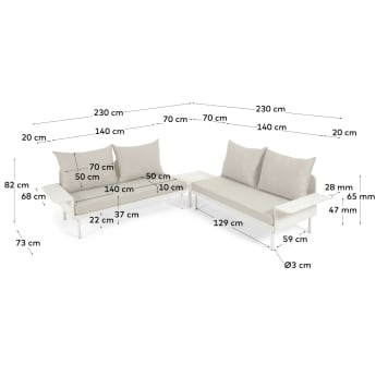 Set exterior Zaltana de sofá rinconero y mesa aluminio acabado pintado blanco mate 164 cm - tamaños