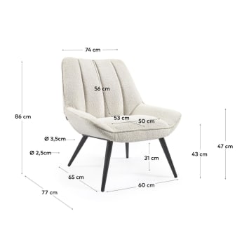 Marlina white fleece armchair with steel legs with black painted finish - sizes