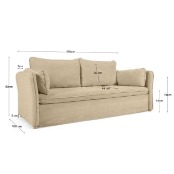 Καναπές-κρεβάτι Tanit, μπεζ, πόδια σε μασίφ ξύλο οξυάς σε φυσικό φινίρισμα 210 εκ - μεγέθη