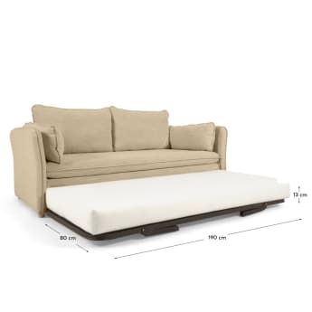 Καναπές-κρεβάτι Tanit, μπεζ, πόδια σε μασίφ ξύλο οξυάς σε φυσικό φινίρισμα 210 εκ - μεγέθη