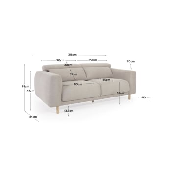Singa 3 seater sofa in beige, 215 cm - sizes
