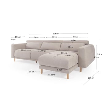 Singa 3 seater sofa with right-hand chaise longue in beige, 296 cm - sizes