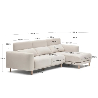 Singa 3 seater sofa with right-hand chaise longue in white, 296 cm - sizes