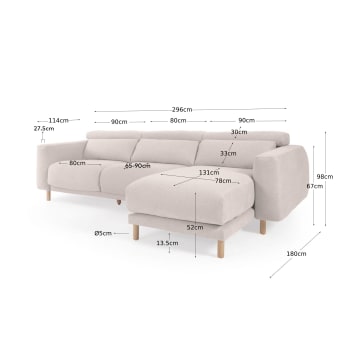 3θ καναπές Singa με ανάκλινδρο δεξιά, λευκό, 296 εκ - μεγέθη