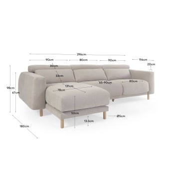 Singa 3 seater sofa with left-hand chaise longue in beige, 296 cm - sizes
