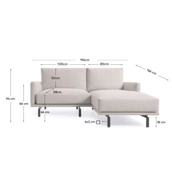 Galene 3 seater sofa with right-hand chaise longue in beige, 194 cm - sizes