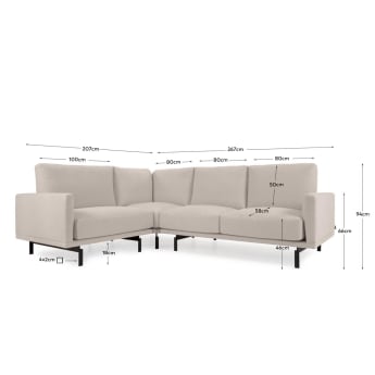 Galene 3 seater corner sofa in beige, 207 x 267 cm - sizes