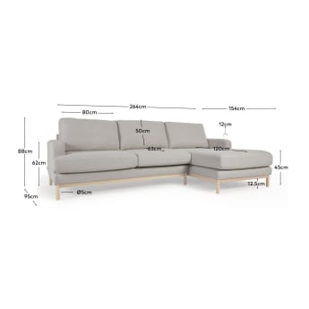 Mihaela 3 seater sofa with right-hand chaise longue in grey fleece, 264 cm - sizes
