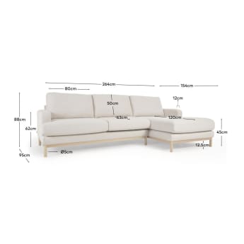 Mihaela 3 seater sofa with right-hand chaise longue in white fleece, 264 cm - sizes