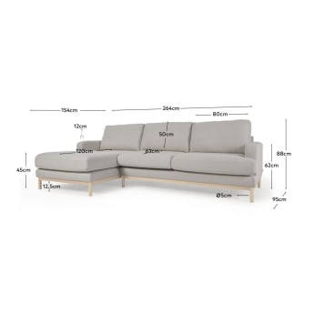 Mihaela 3 seater sofa with left-hand chaise longue in grey fleece, 264 cm - sizes