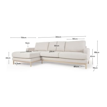 Mihaela 3 seater sofa with left-hand chaise longue in white fleece, 264 cm - sizes