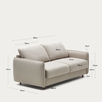 Carlota 2 seater sofa bed in beige chenille, 140 cm - sizes