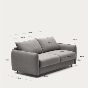 Carlota 2 seater sofa bed in grey chenille, 140 cm - sizes