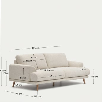 Karin 3 seater sofa in white with solid beech wood legs, 231 cm - sizes