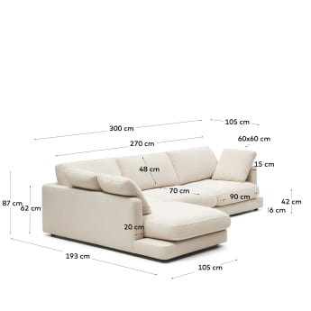 Gala 4 seater sofa with left side chaise longue in beige, 300 cm - sizes