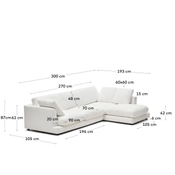 Gala 4 seater sofa with right side chaise longue in white, 300 cm - sizes