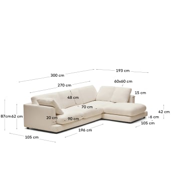 Gala 4 seater sofa with right side chaise longue in beige, 300 cm - sizes