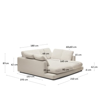 Gala 3 seater sofa with double chaise longue in beige, 210 cm - sizes