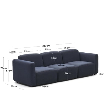 Neom 3 seater modular sofa in blue, 263 cm - sizes