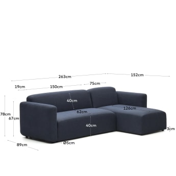 Sofa modułowa 3-osobowa prawy/lewy szezlong Neom z niebieskiej tkaniny 263 cm - rozmiary