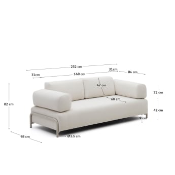 Compo beige chenille 3-seater sofa with grey metal structure 232 cm - sizes