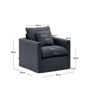 Nora armchair with a removable cover and grey anthracite linen and cotton cushion 92 cm - sizes