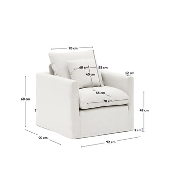 Fotel Nora ze zdejmowanym pokrowcem i poduszką z lnu i bawełny w kolorze ecru 92 cm - rozmiary