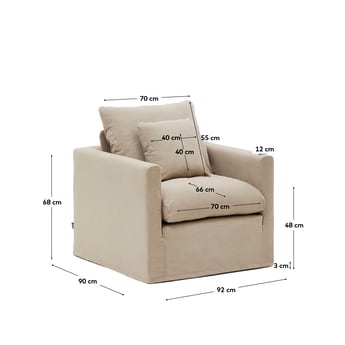 Nora armchair with a removable cover and taupe linen and cotton cushion 92 cm - sizes