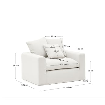 Nora armchair with a removable cover and ecru linen and cotton cushion 140 cm - sizes