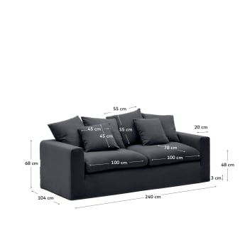 Nora 3-seater sofa with a removable cover and grey anthracite linen and cotton cushions 240 cm - sizes